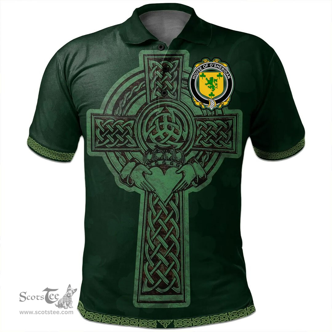 Irish House of O'SHERIDAN Coat of Arms Irish Polo Shirt Irish Cross with Celtic Knot and Claddagh Ring Polo Shirt