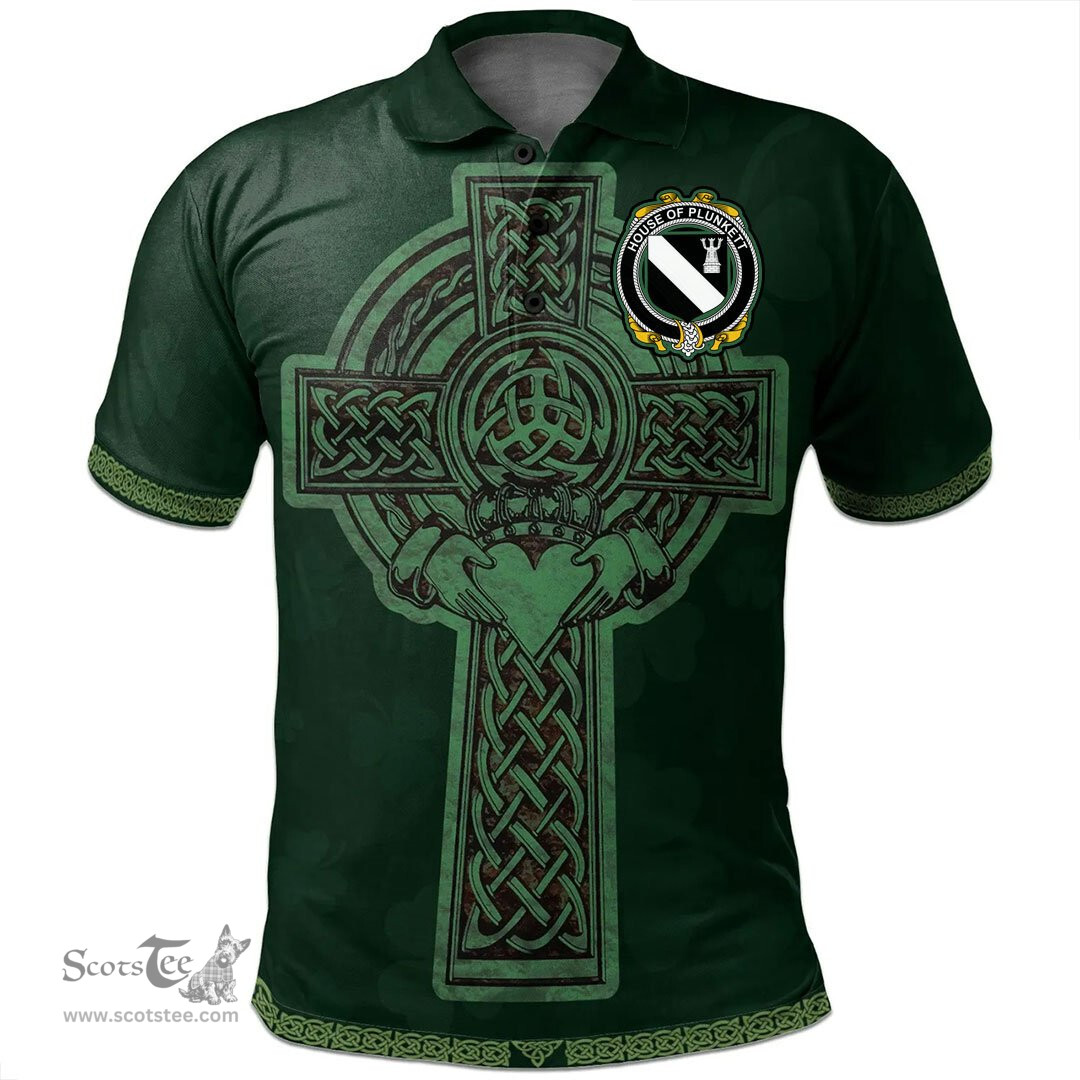 Irish House of PLUNKETT Coat of Arms Irish Polo Shirt Irish Cross with Celtic Knot and Claddagh Ring Polo Shirt