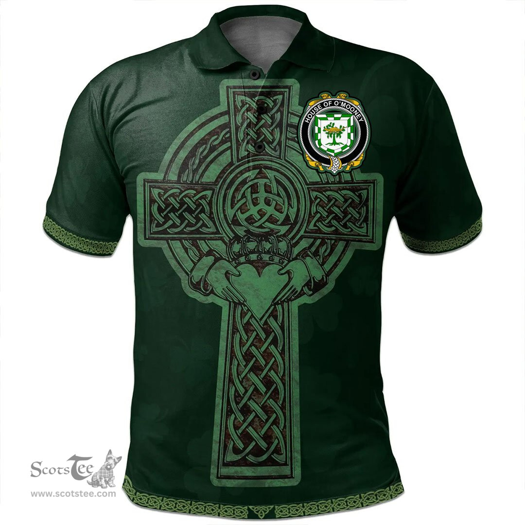 Irish House of O'MOONEY Coat of Arms Irish Polo Shirt Irish Cross with Celtic Knot and Claddagh Ring Polo Shirt