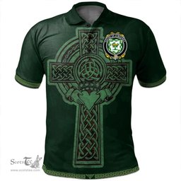 Irish House of O'MOONEY Coat of Arms Irish Polo Shirt Irish Cross with Celtic Knot and Claddagh Ring Polo Shirt