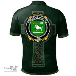 Irish House of O'HANLY Coat of Arms Irish Polo Shirt Irish Cross with Celtic Knot and Claddagh Ring Polo Shirt