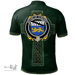 Irish House of O'HICKEY Coat of Arms Irish Polo Shirt Irish Cross with Celtic Knot and Claddagh Ring Polo Shirt