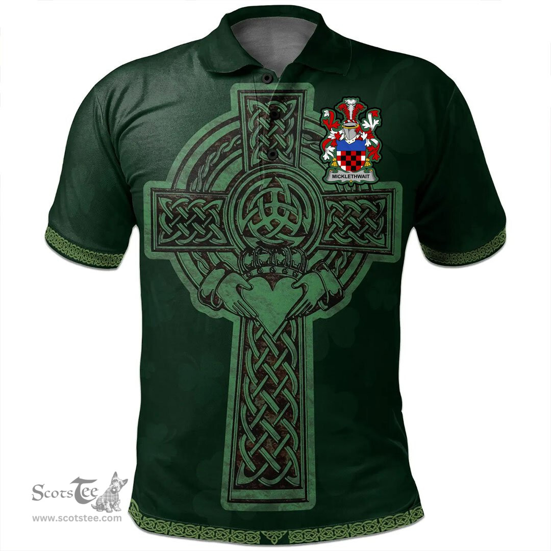 Irish Micklethwait Coat of Arms Irish Polo Shirt Irish Cross with Celtic Knot and Claddagh Ring Polo Shirt