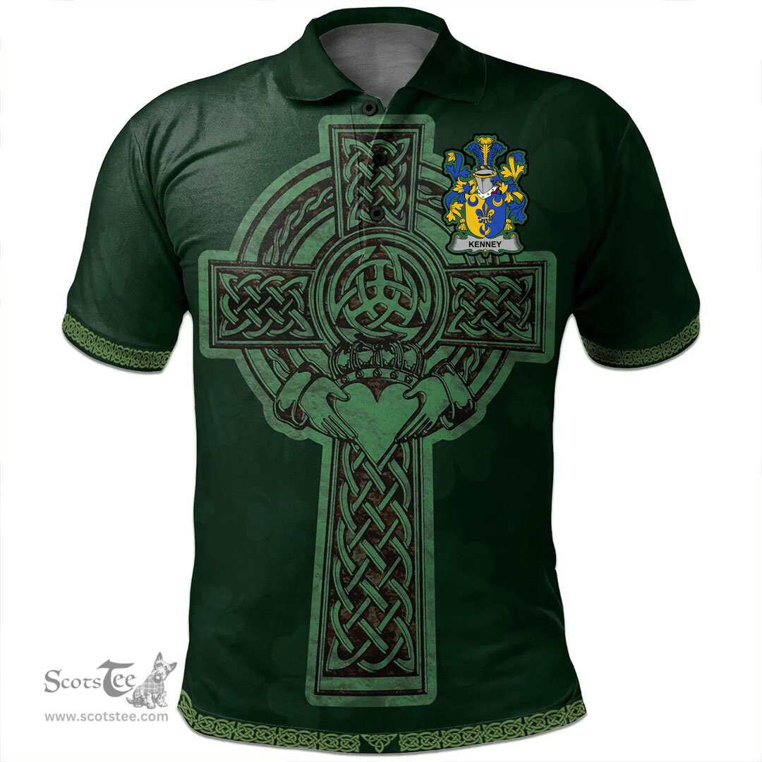Irish Kenney or O'Kenny Coat of Arms Irish Polo Shirt Irish Cross with Celtic Knot and Claddagh Ring Polo Shirt