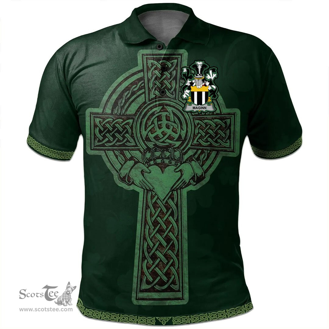 Irish Maginn or Ginn Coat of Arms Irish Polo Shirt Irish Cross with Celtic Knot and Claddagh Ring Polo Shirt