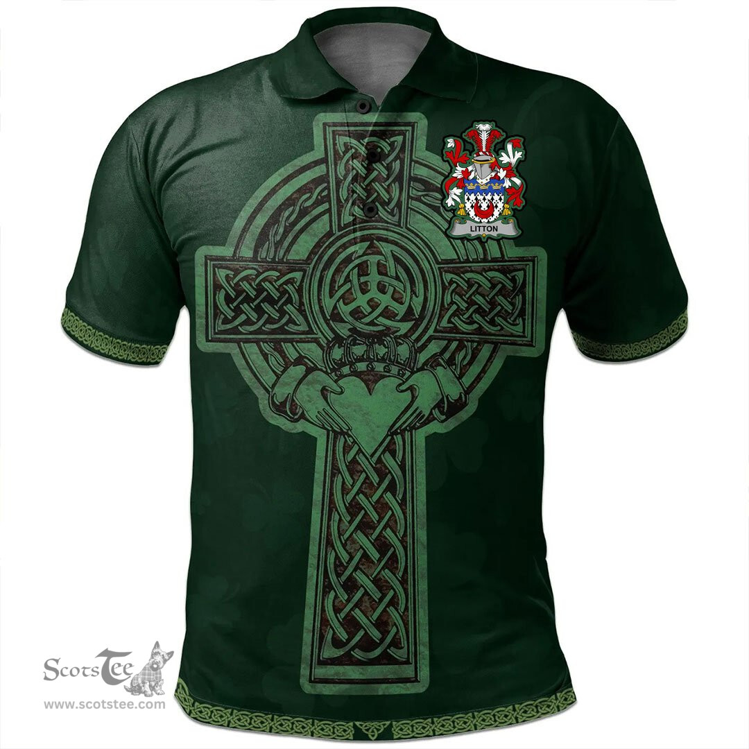 Irish Litton Coat of Arms Irish Polo Shirt Irish Cross with Celtic Knot and Claddagh Ring Polo Shirt