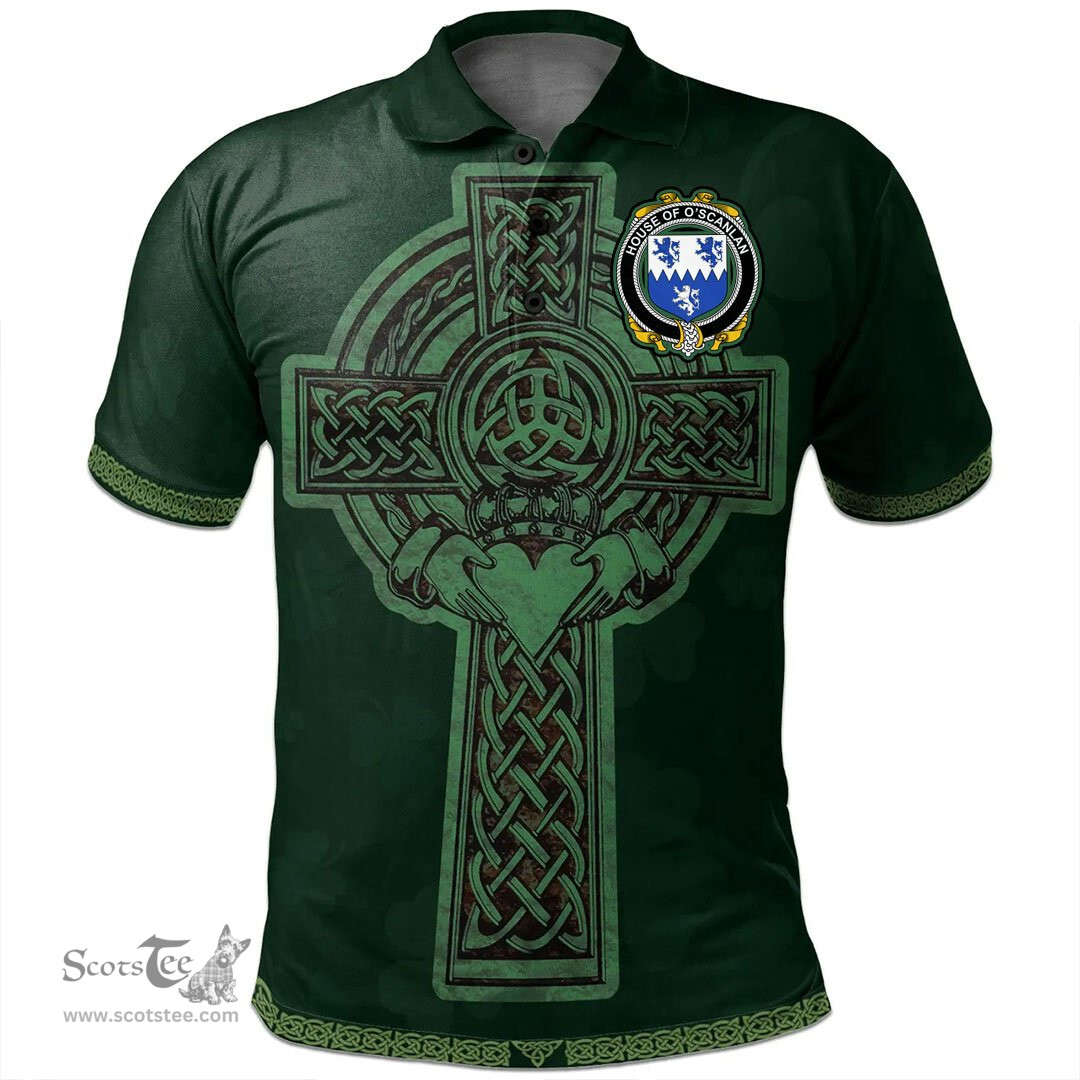 Irish House of O'SCANLAN (Munster) Coat of Arms Irish Polo Shirt Irish Cross with Celtic Knot and Claddagh Ring Polo Shirt