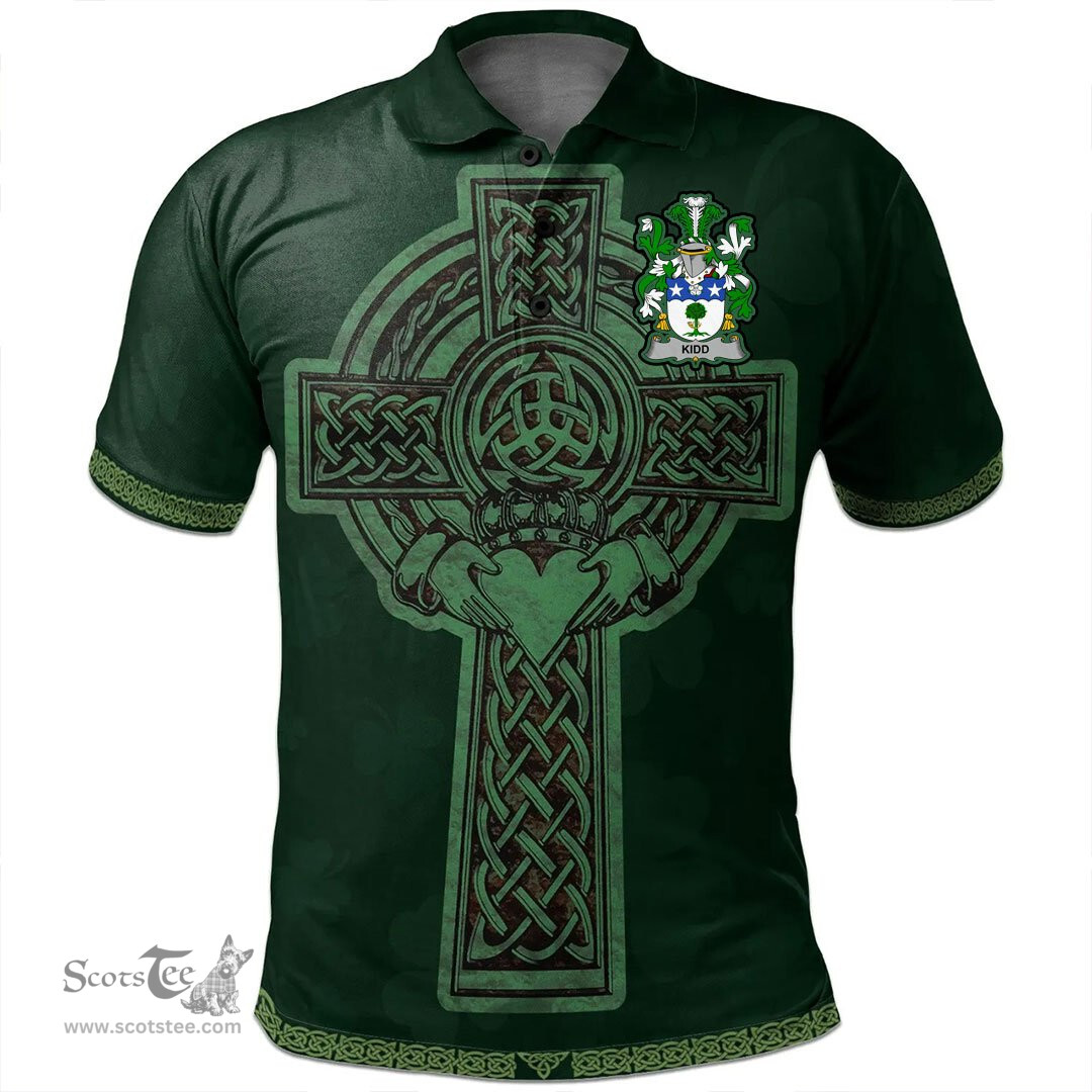Irish Kidd Coat of Arms Irish Polo Shirt Irish Cross with Celtic Knot and Claddagh Ring Polo Shirt