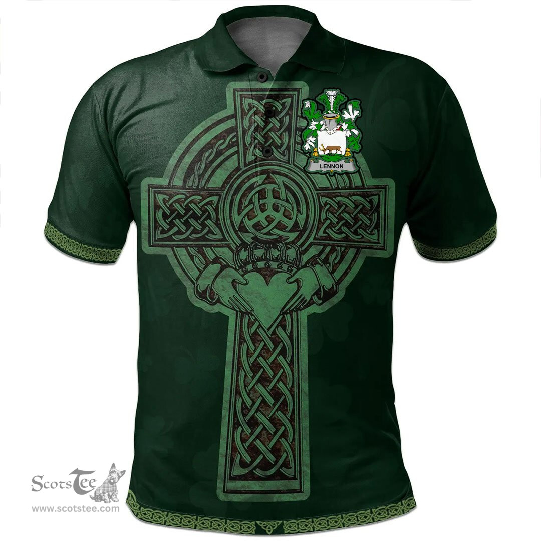 Irish Lennon or O'Lennon Coat of Arms Irish Polo Shirt Irish Cross with Celtic Knot and Claddagh Ring Polo Shirt