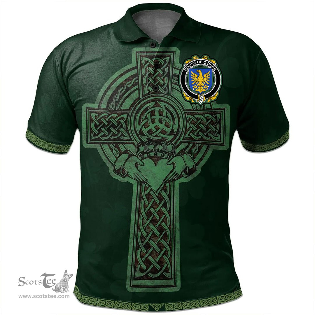 Irish House of O'DUNN Coat of Arms Irish Polo Shirt Irish Cross with Celtic Knot and Claddagh Ring Polo Shirt