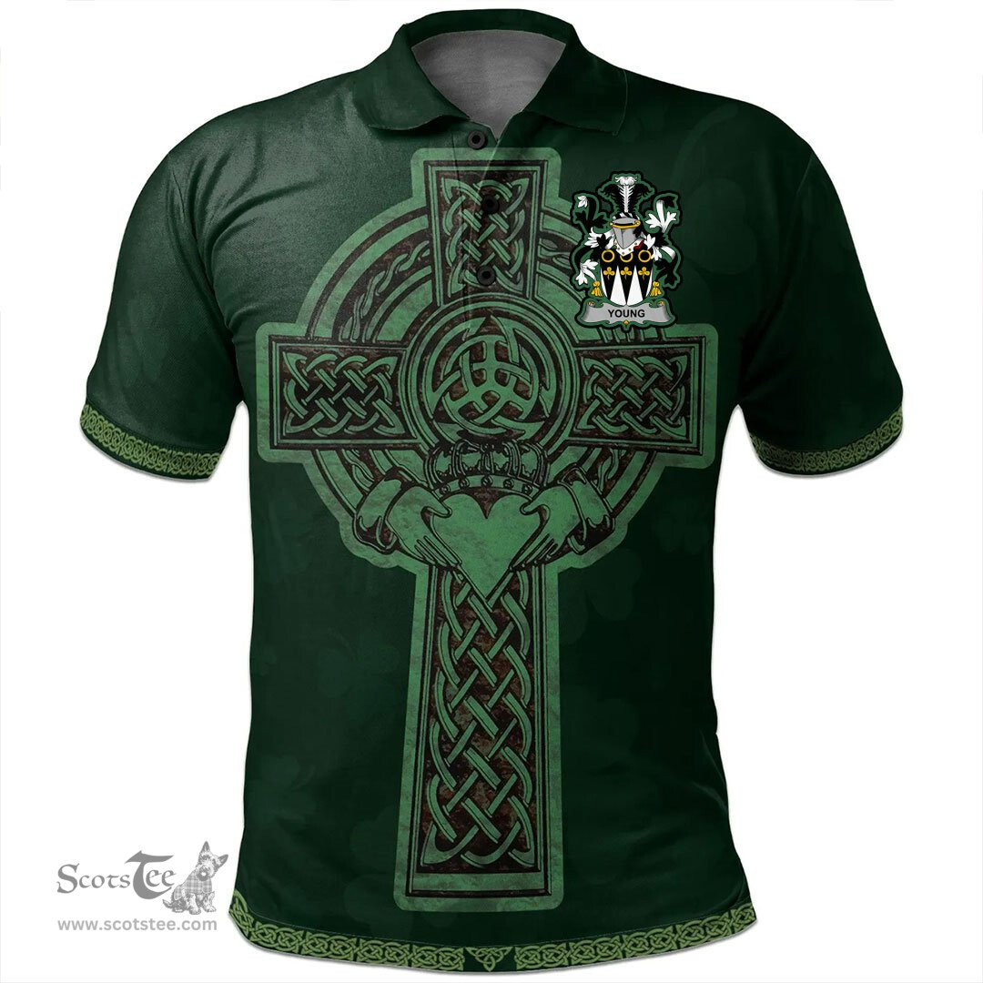 Irish Young Coat of Arms Irish Polo Shirt Irish Cross with Celtic Knot and Claddagh Ring Polo Shirt