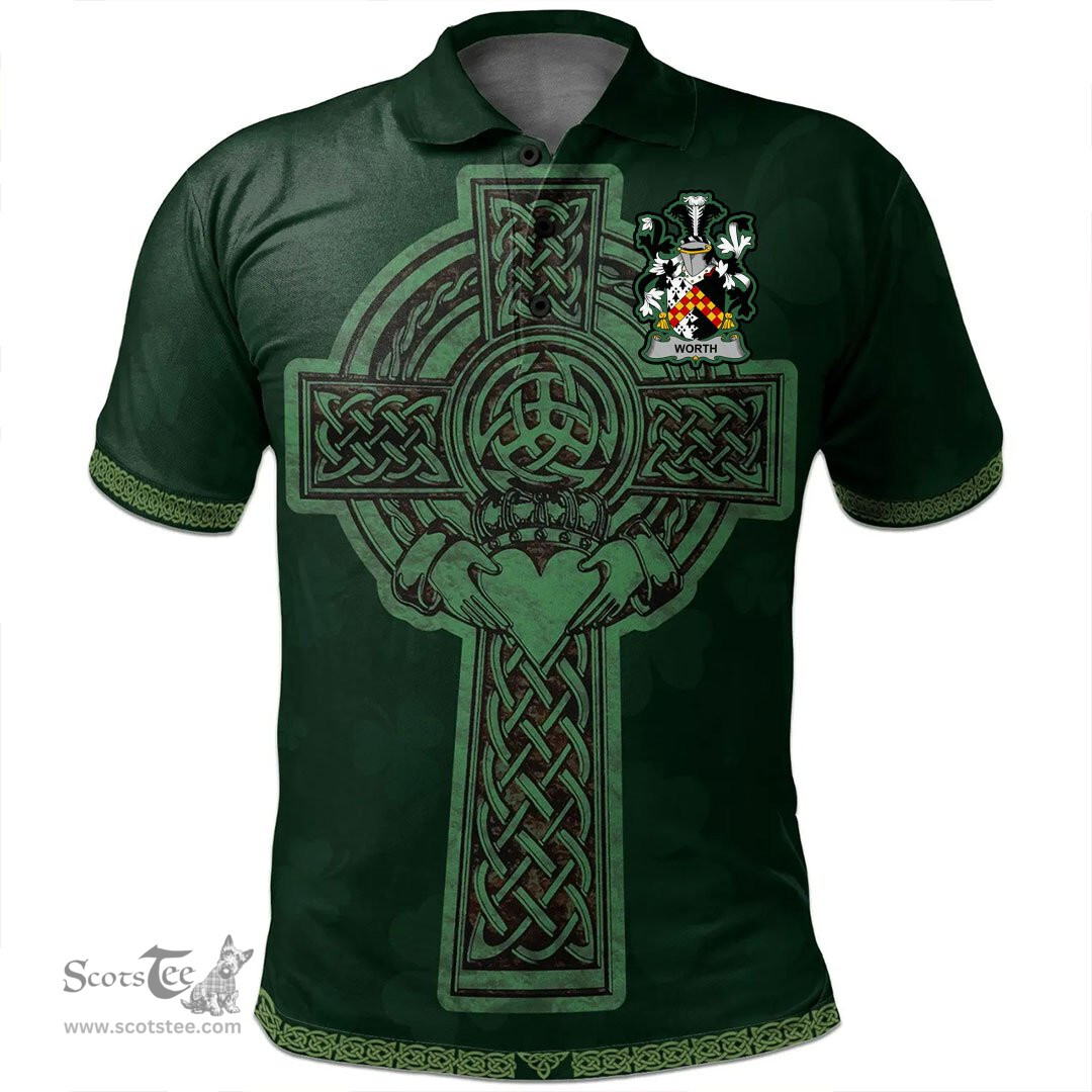 Irish Worth or McWorth Coat of Arms Irish Polo Shirt Irish Cross with Celtic Knot and Claddagh Ring Polo Shirt