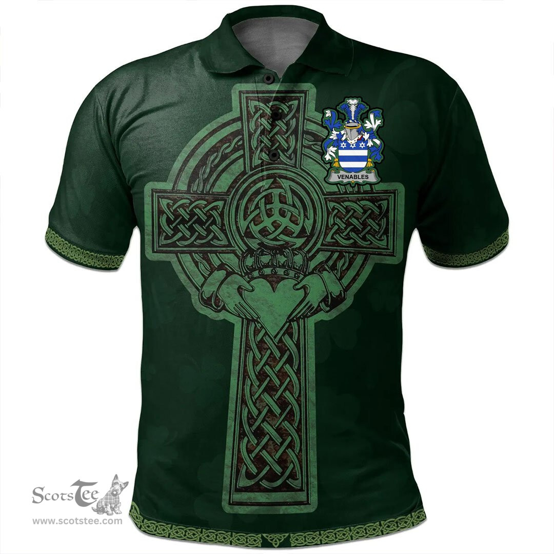 Irish Venables Coat of Arms Irish Polo Shirt Irish Cross with Celtic Knot and Claddagh Ring Polo Shirt