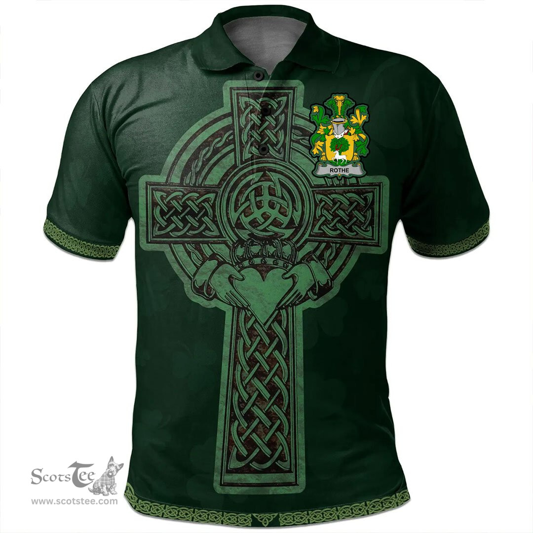 Irish Rothe Coat of Arms Irish Polo Shirt Irish Cross with Celtic Knot and Claddagh Ring Polo Shirt