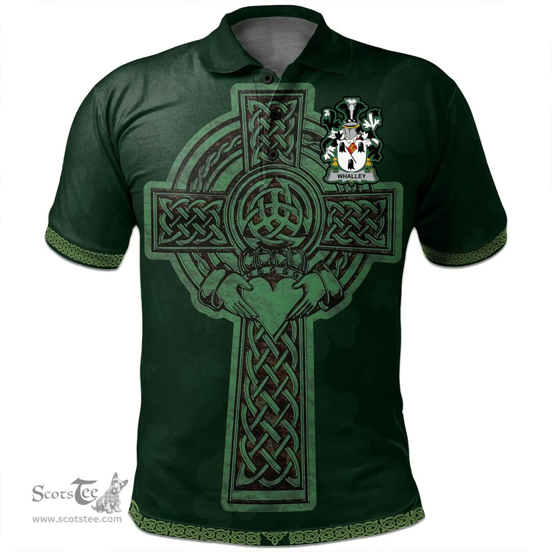 Irish Whalley Coat of Arms Irish Polo Shirt Irish Cross with Celtic Knot and Claddagh Ring Polo Shirt