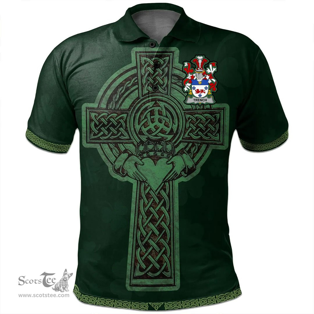 Irish Trench Coat of Arms Irish Polo Shirt Irish Cross with Celtic Knot and Claddagh Ring Polo Shirt