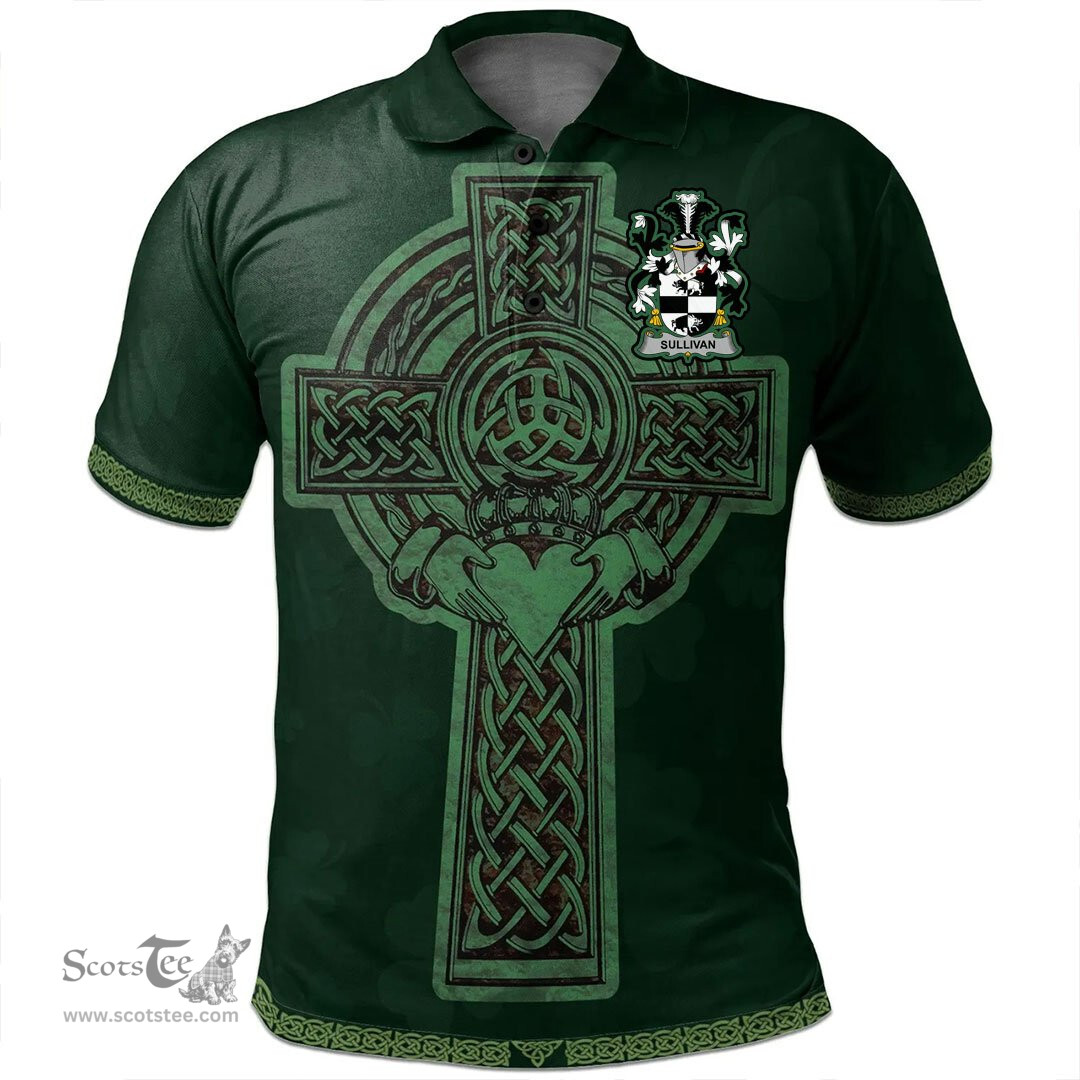 Irish Sullivan or O'Sullivan (Beare) Coat of Arms Irish Polo Shirt Irish Cross with Celtic Knot and Claddagh Ring Polo Shirt