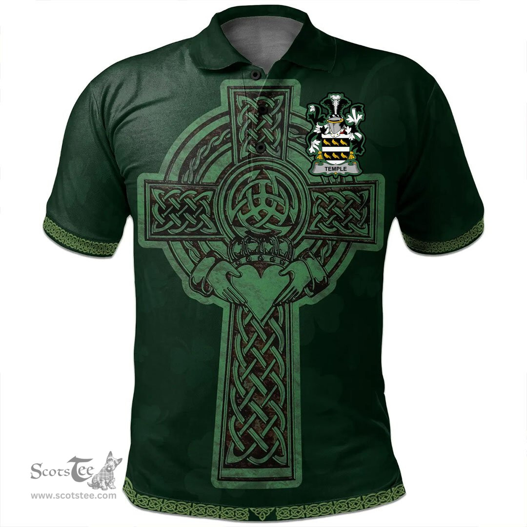 Irish Temple Coat of Arms Irish Polo Shirt Irish Cross with Celtic Knot and Claddagh Ring Polo Shirt