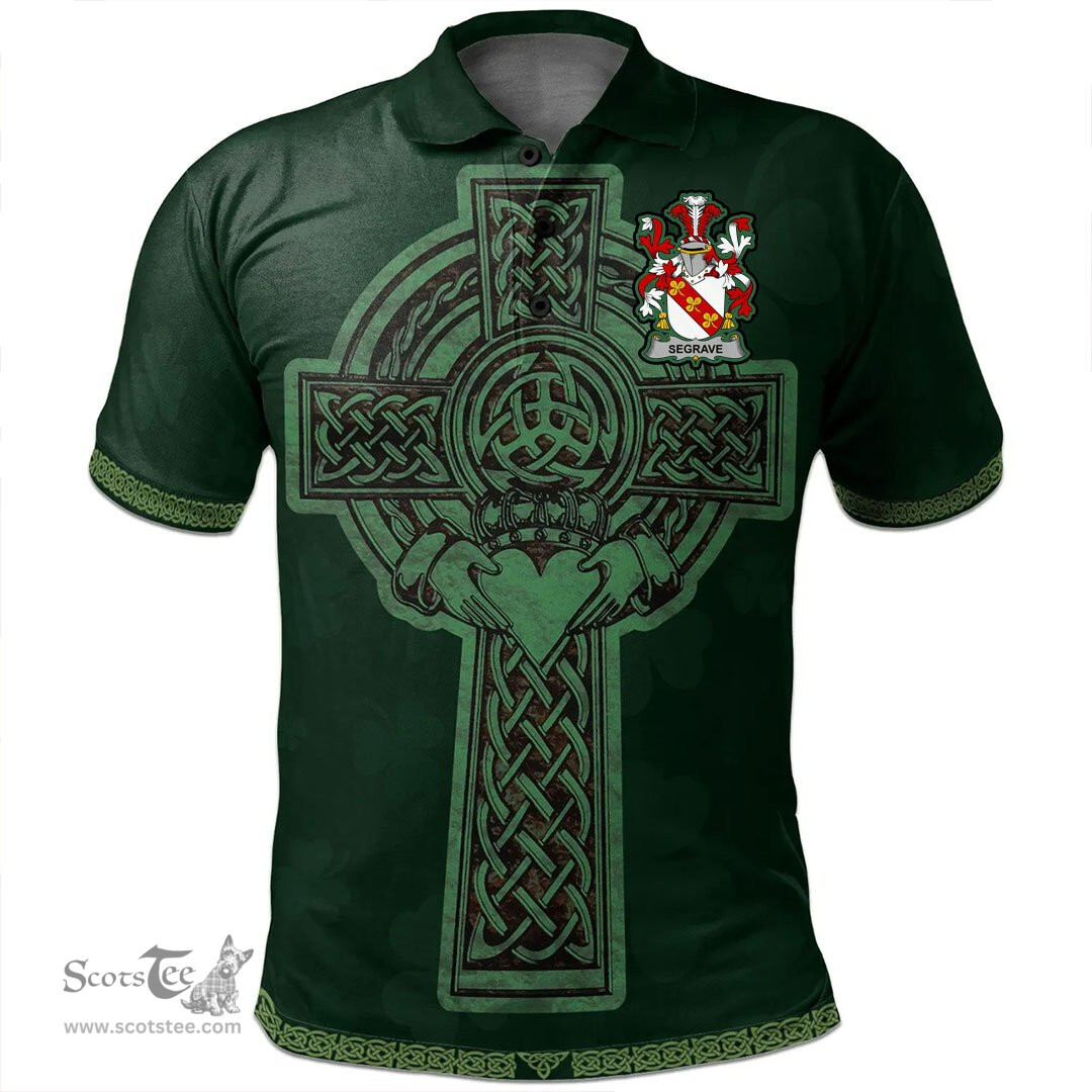 Irish Segrave Coat of Arms Irish Polo Shirt Irish Cross with Celtic Knot and Claddagh Ring Polo Shirt