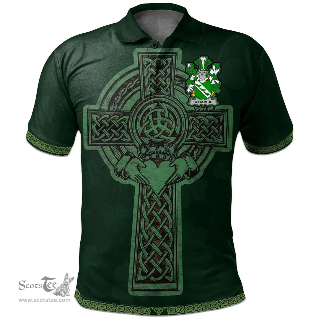 Irish Wycombe Coat of Arms Irish Polo Shirt Irish Cross with Celtic Knot and Claddagh Ring Polo Shirt