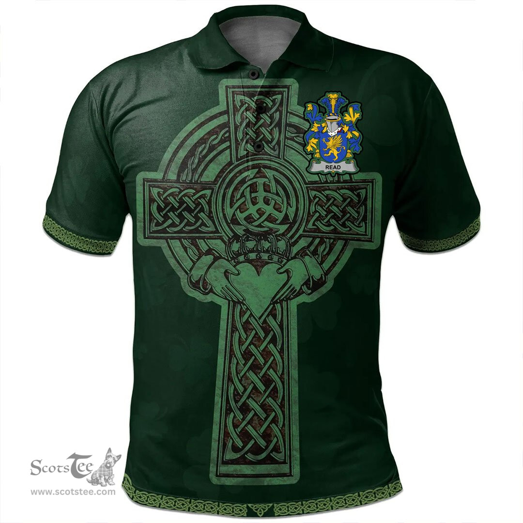Irish Read Coat of Arms Irish Polo Shirt Irish Cross with Celtic Knot and Claddagh Ring Polo Shirt