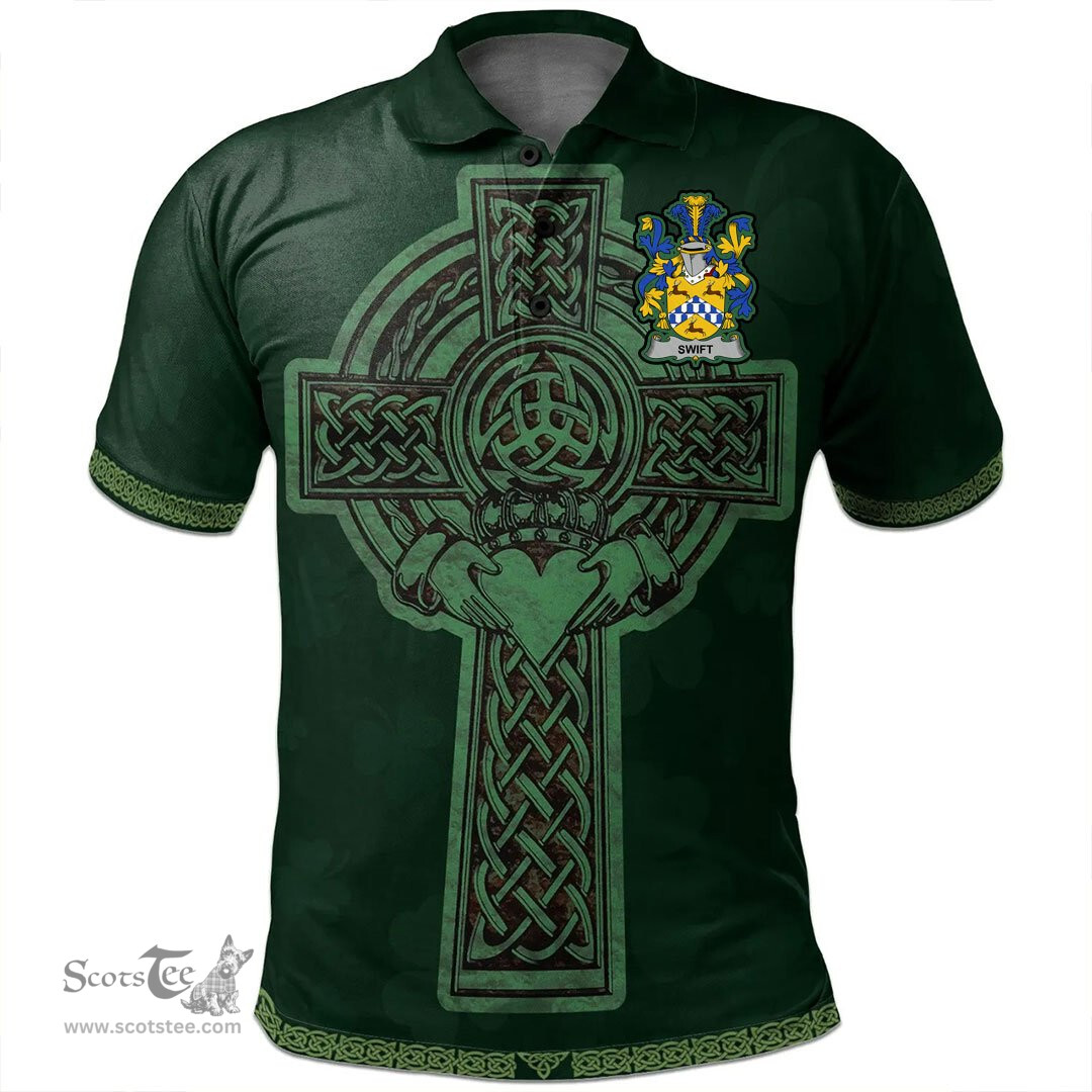Irish Swift Coat of Arms Irish Polo Shirt Irish Cross with Celtic Knot and Claddagh Ring Polo Shirt