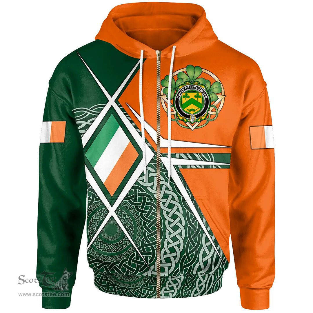 Irish House of O'CORRIGAN Family Crest Irish Hoodie Ireland Green White and Orange Irish Legend Hoodie