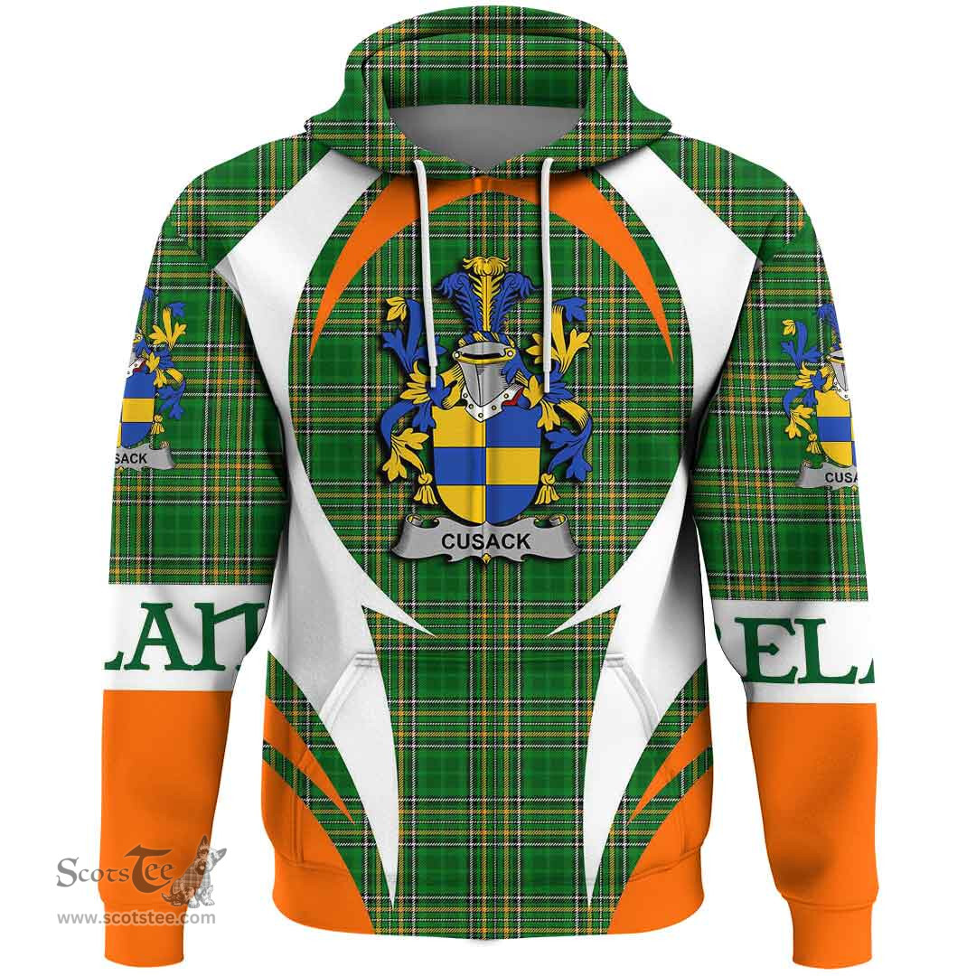 Irish Cusack Coat of Arms Family Crest Ireland Hoodie Irish National Tartan Action Style