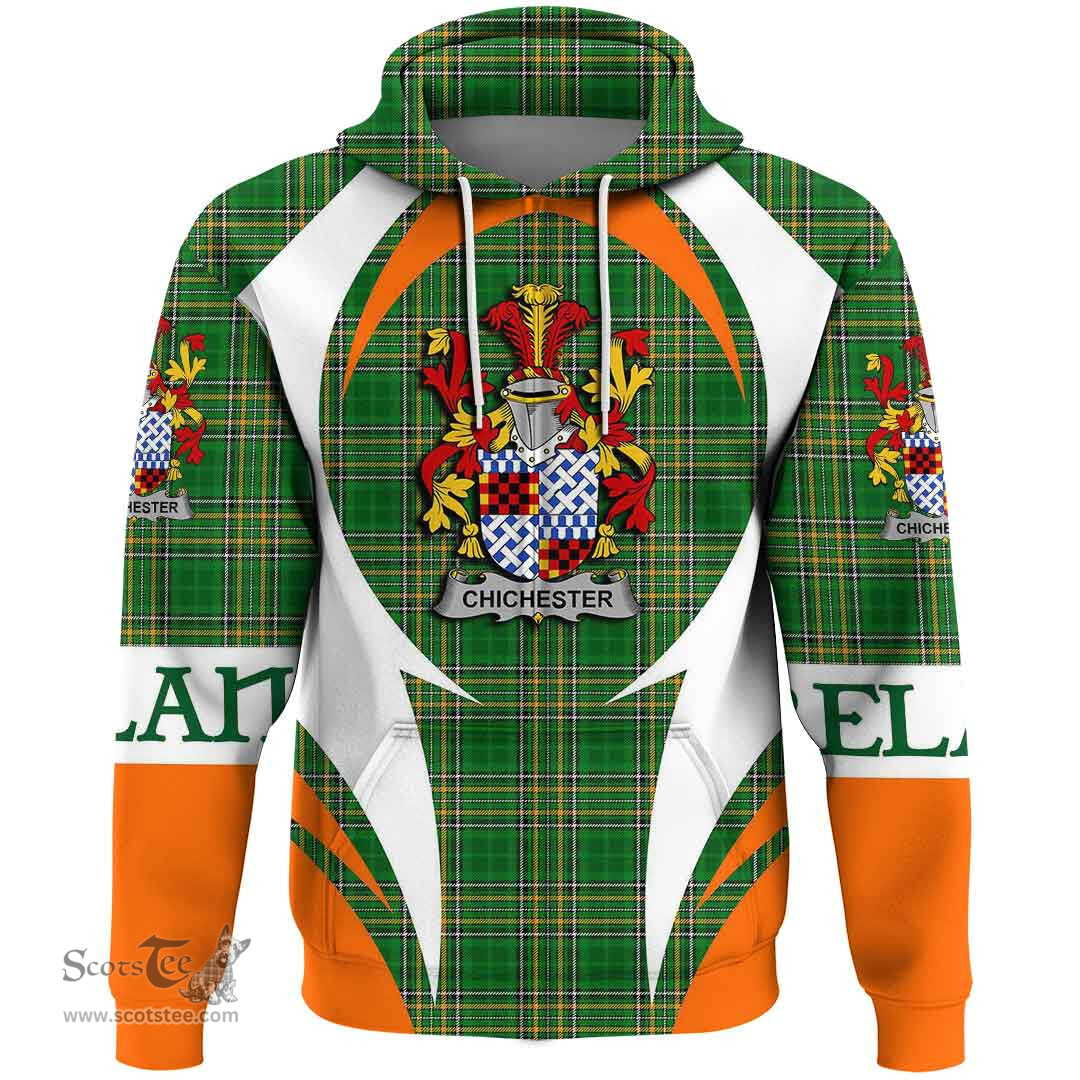 Irish Chichester Coat of Arms Family Crest Ireland Hoodie Irish National Tartan Action Style