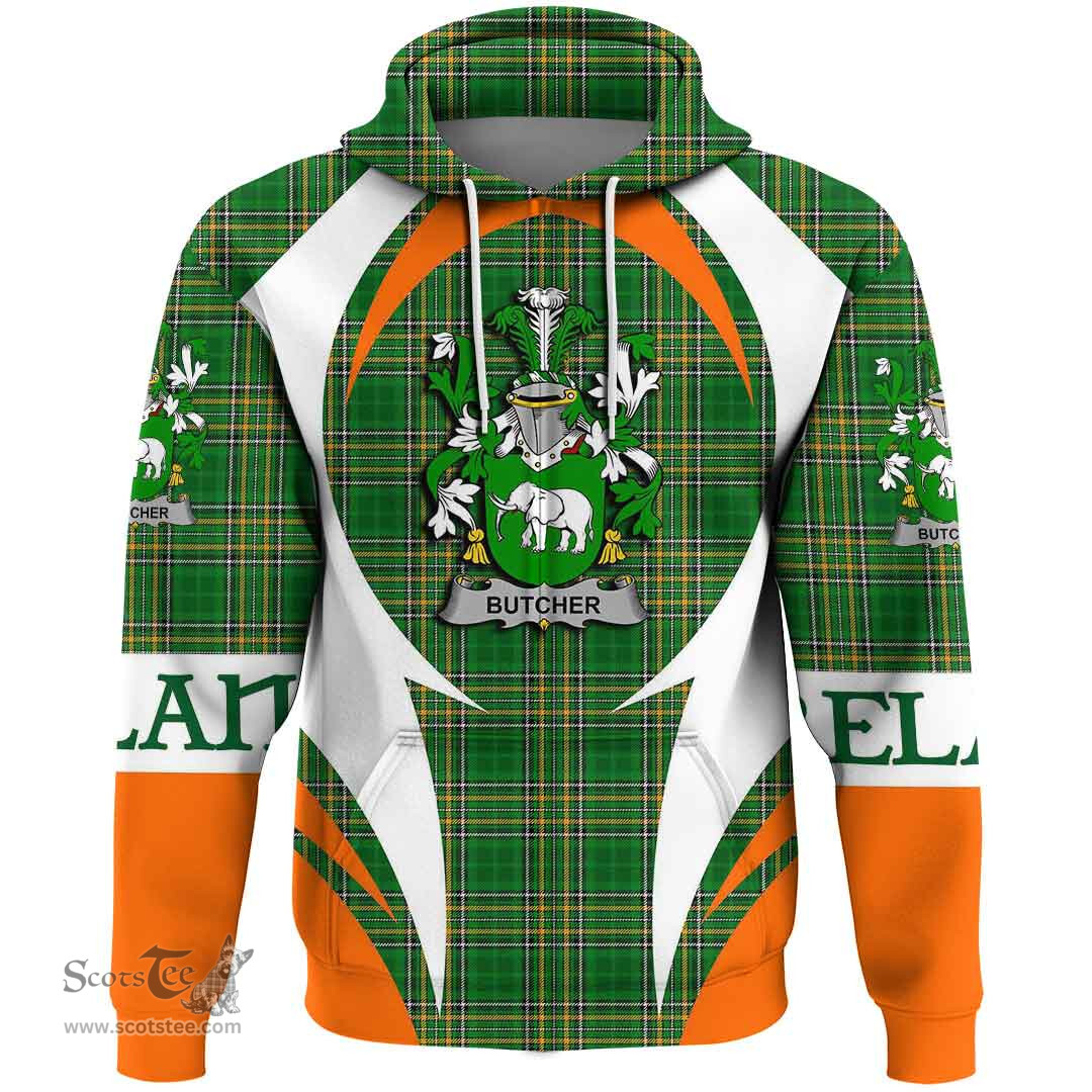 Irish Butcher Coat of Arms Family Crest Ireland Hoodie Irish National Tartan Action Style