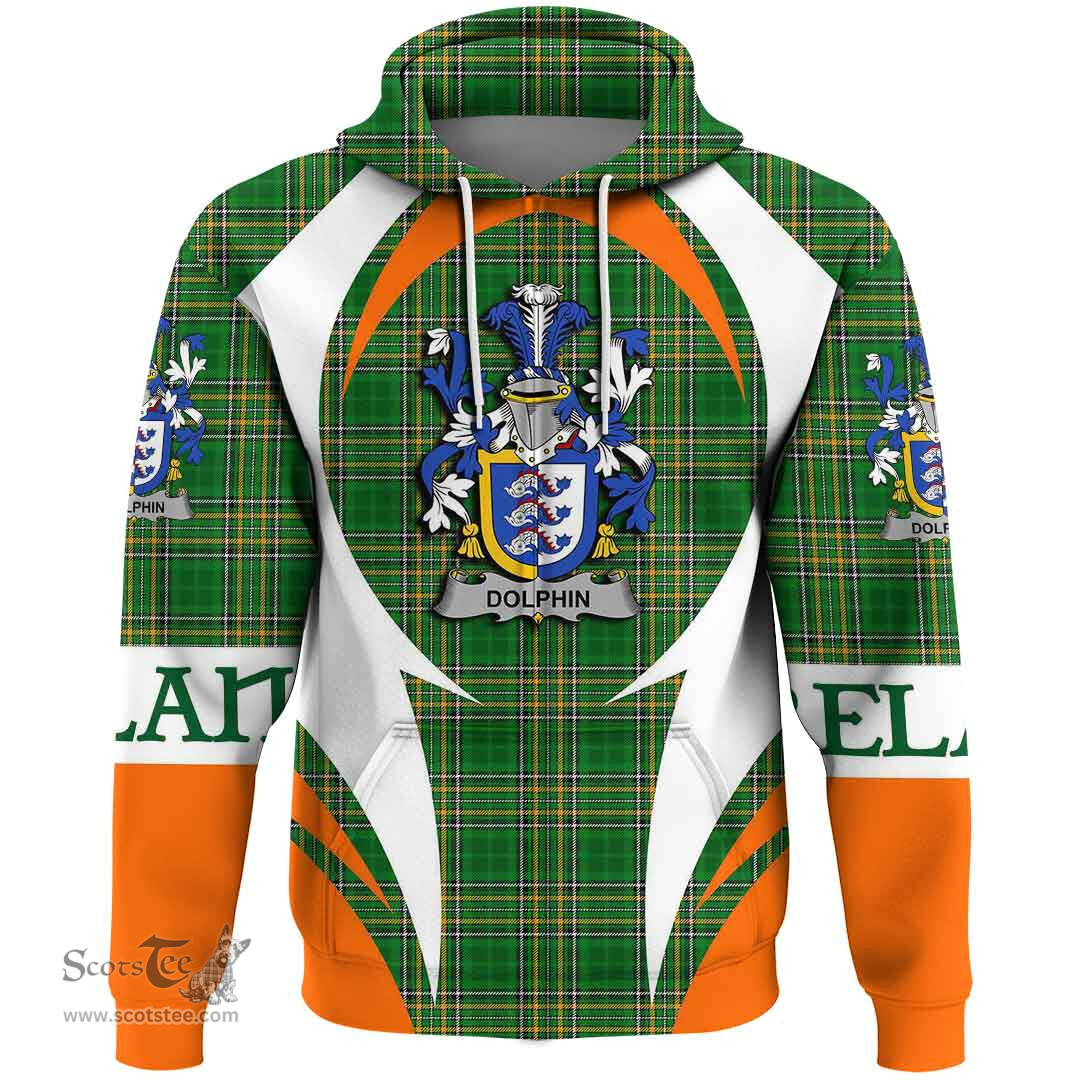 Irish Dolphin or Dolphyn Coat of Arms Family Crest Ireland Hoodie Irish National Tartan Action Style