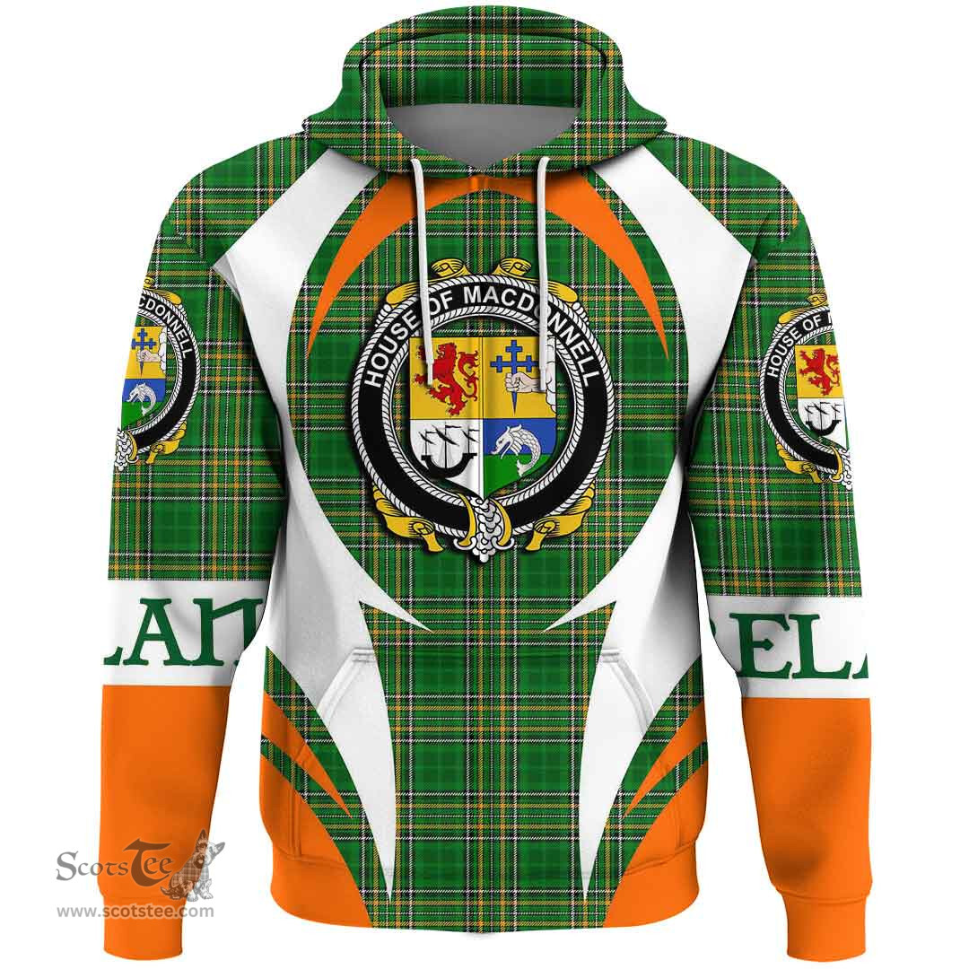 Irish House of MACDONNELL (of the Glens) Coat of Arms Family Crest Ireland Hoodie Irish National Tartan Action Style