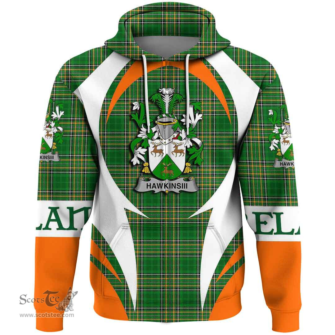 Irish HawkinsIII Coat of Arms Family Crest Ireland Hoodie Irish National Tartan Action Style