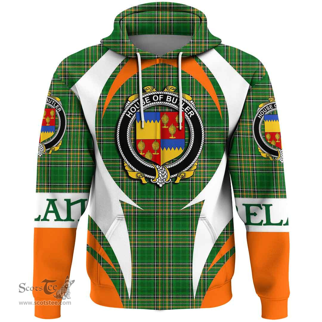 Irish House of BUTLER Coat of Arms Family Crest Ireland Hoodie Irish National Tartan Action Style