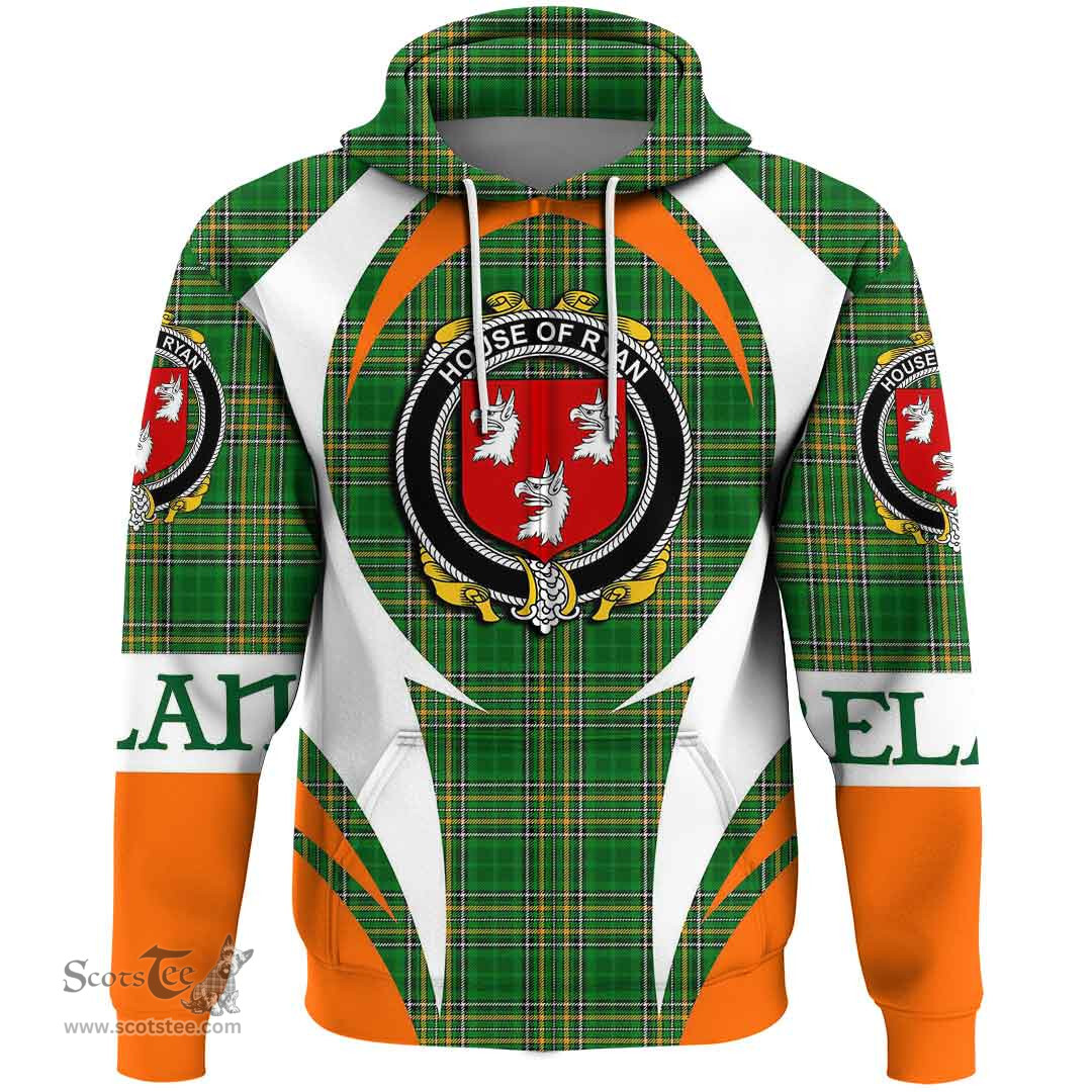 Irish House of RYAN (O Mulrian) Coat of Arms Family Crest Ireland Hoodie Irish National Tartan Action Style