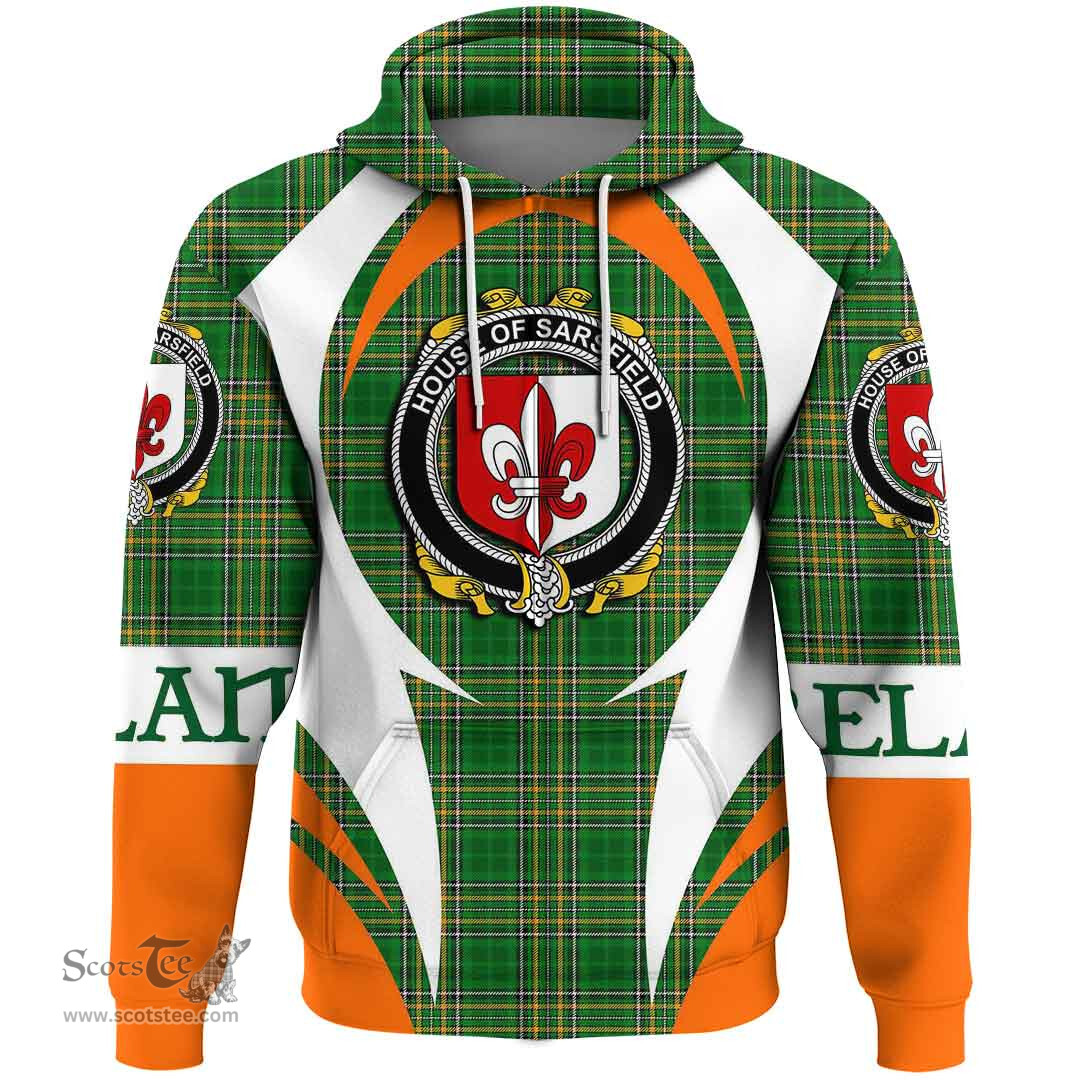 Irish House of SARSFIELD Coat of Arms Family Crest Ireland Hoodie Irish National Tartan Action Style