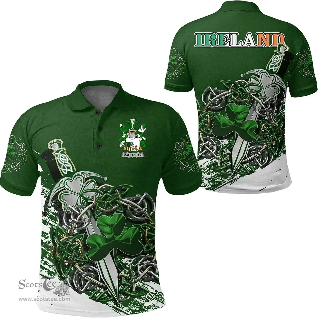Irish Callaghan or O'Callaghan Family Crest Ireland Polo Shirt Irish Shamrock and Sword Polo Shirt
