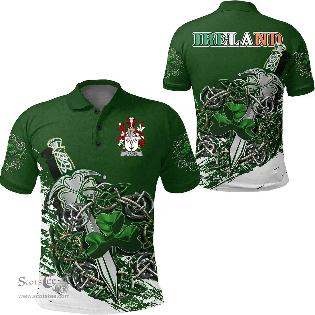 Irish Carden Family Crest Ireland Polo Shirt Irish Shamrock and Sword Polo Shirt