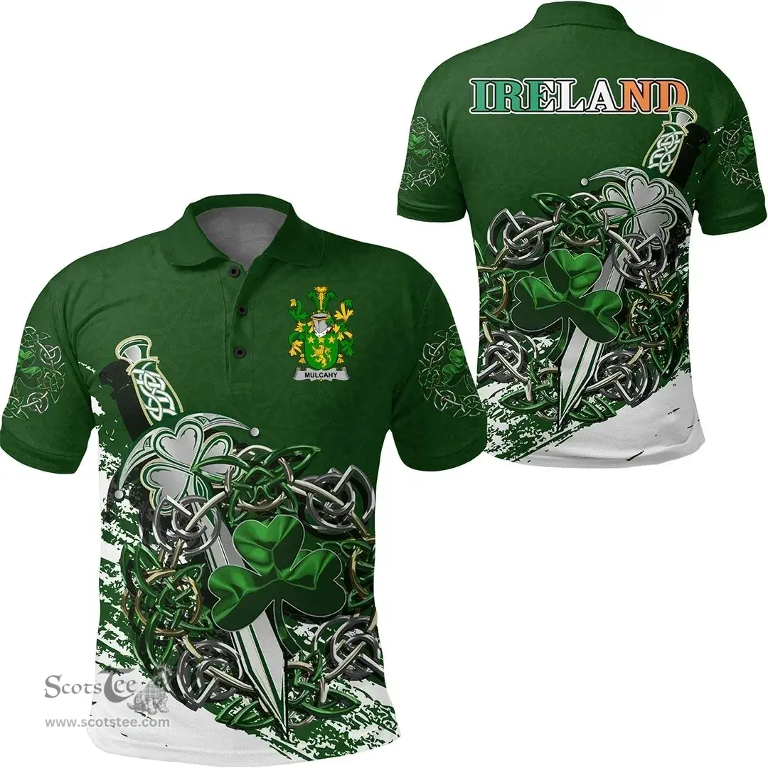 Irish Mulcahy or O'Mulcahy Family Crest Ireland Polo Shirt Irish Shamrock and Sword Polo Shirt