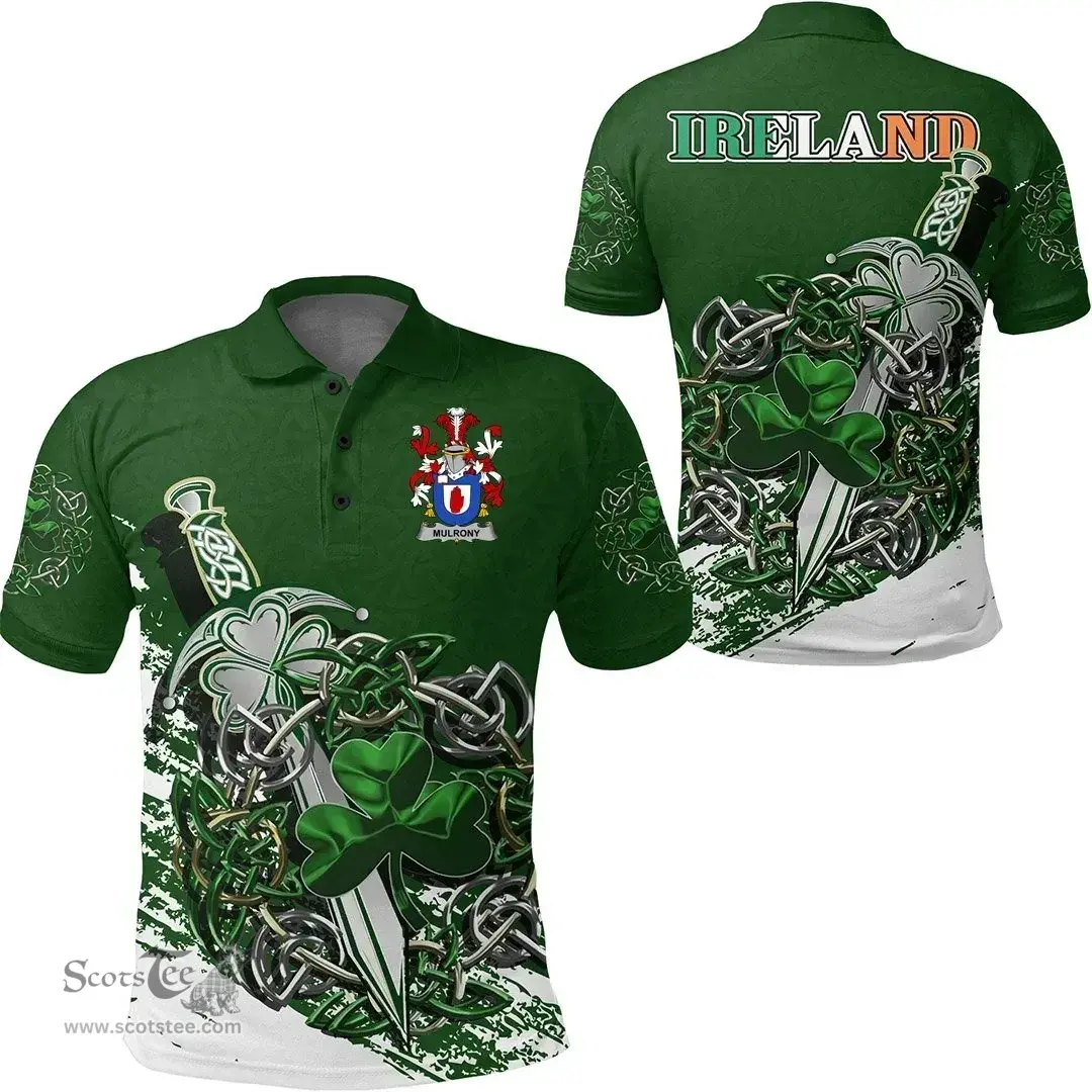 Irish Mulrony or O'Mulroney Family Crest Ireland Polo Shirt Irish Shamrock and Sword Polo Shirt