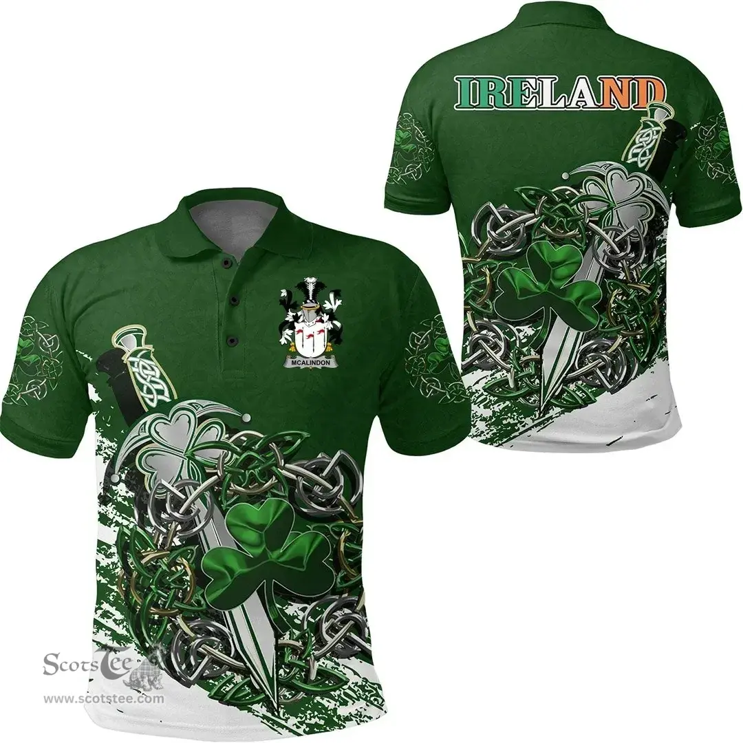 Irish McAlindon or McAlindem Family Crest Ireland Polo Shirt Irish Shamrock and Sword Polo Shirt