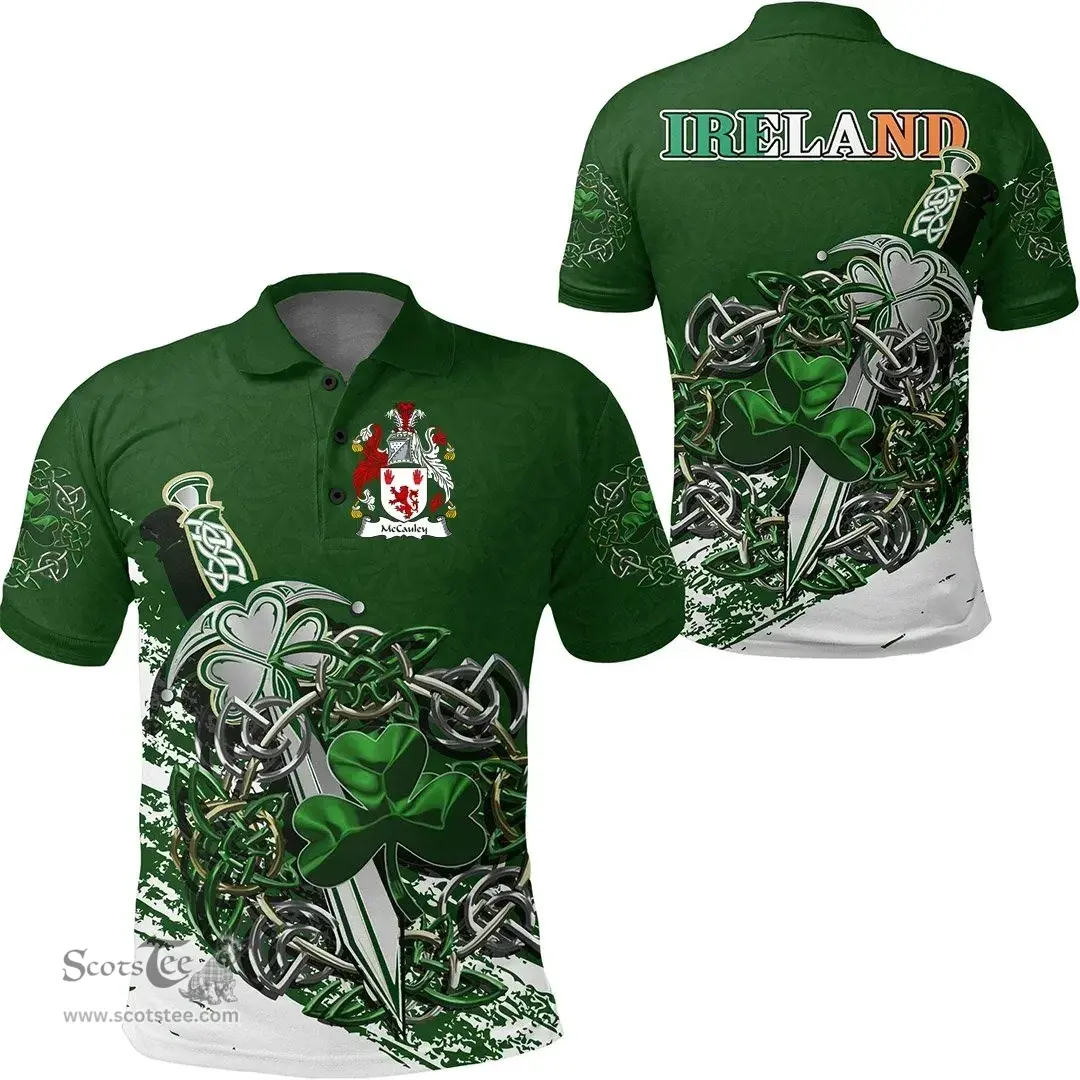 Irish McCauley Family Crest Ireland Polo Shirt Irish Shamrock and Sword Polo Shirt