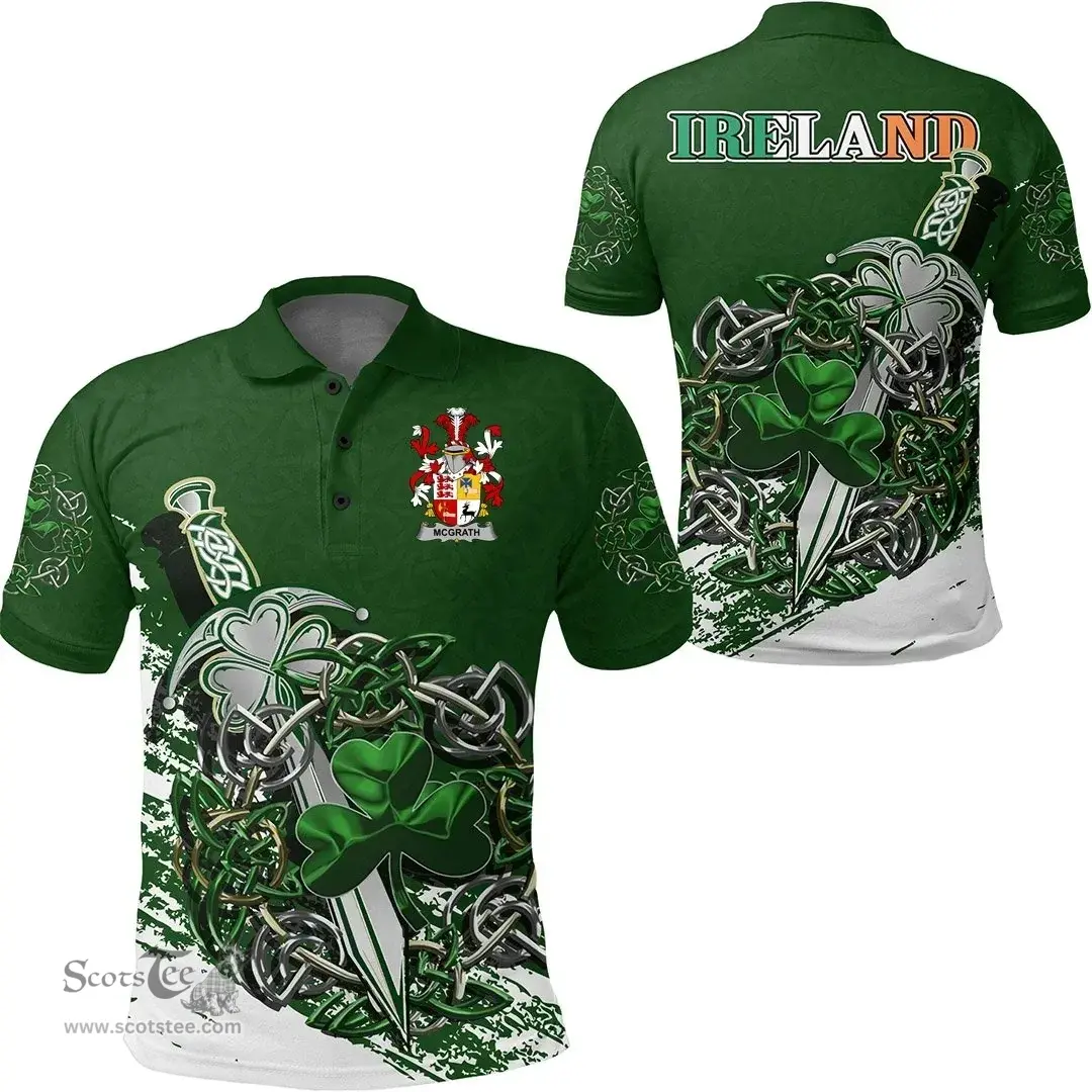 Irish McGrath or McGraw Family Crest Ireland Polo Shirt Irish Shamrock and Sword Polo Shirt