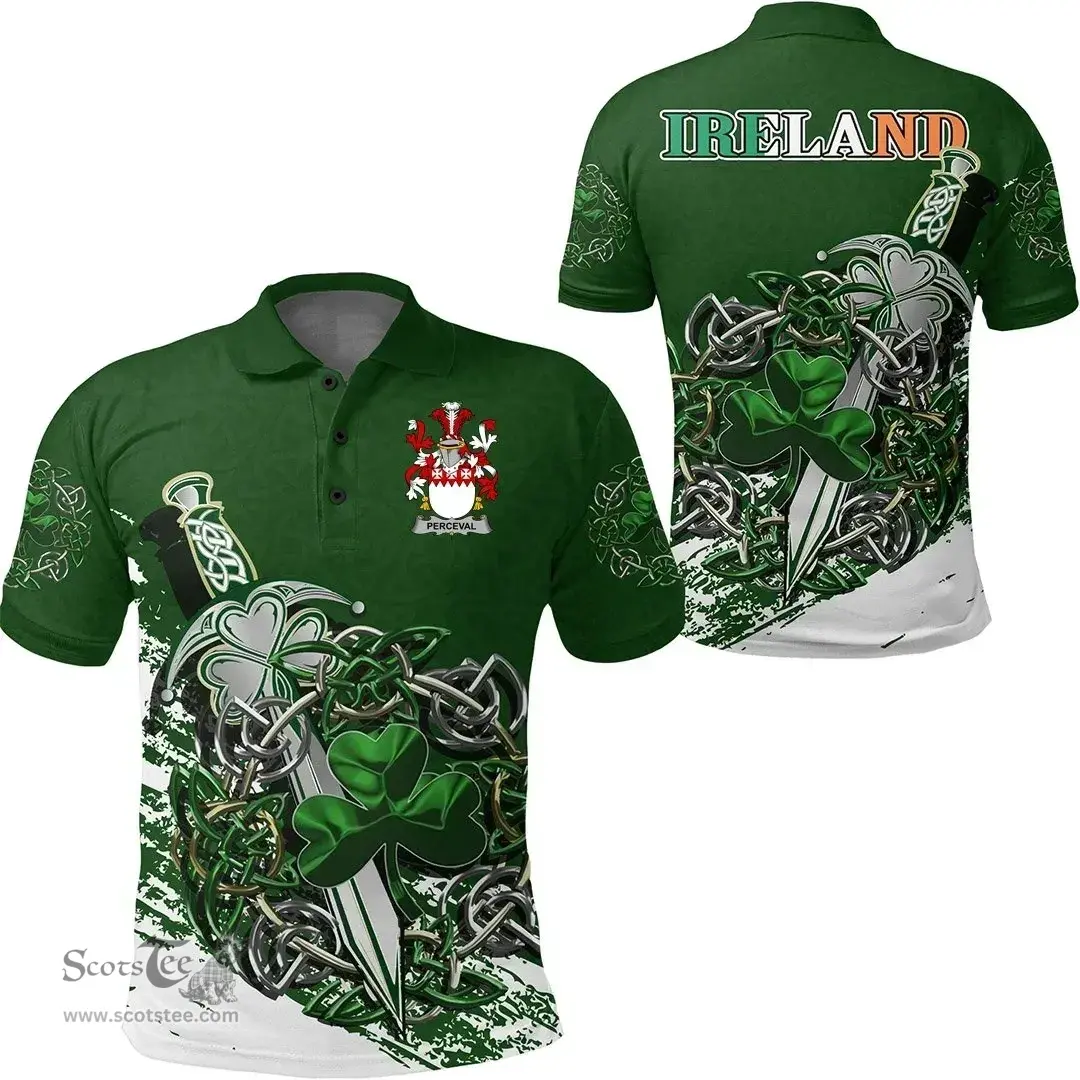 Irish Perceval Family Crest Ireland Polo Shirt Irish Shamrock and Sword Polo Shirt