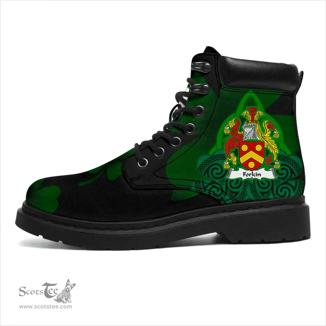 Irish Forkin Coat of Arms Family Crest Irish Boots with Knot And Shamrock All Season Boots
