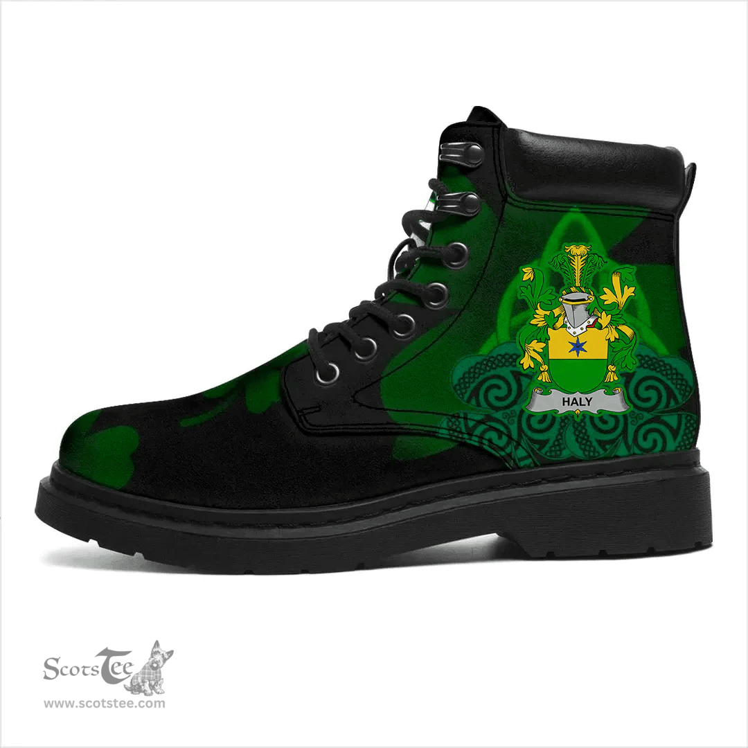 Irish Haly or O Haly Coat of Arms Family Crest Irish Boots with Knot And Shamrock All Season Boots