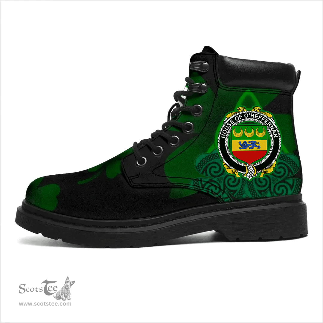 Irish House of O HEFFERNAN Coat of Arms Family Crest Irish Boots with Knot And Shamrock All Season Boots