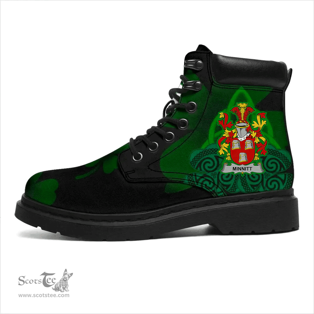 Irish Minnitt Coat of Arms Family Crest Irish Boots with Knot And Shamrock All Season Boots