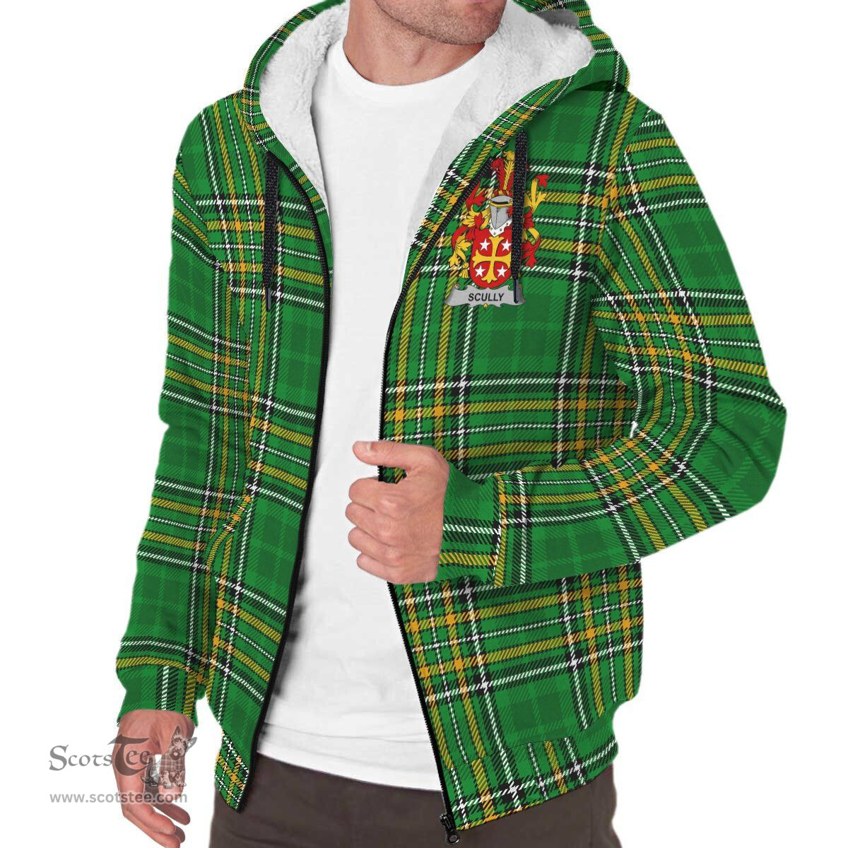 Scully or O'Scully Coat of Arms Family Crest Ireland Sherpa Hoodie Irish National Tartan Irish County Sherpa Hoodie