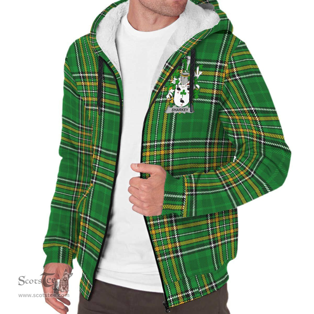 Sharkey or O'Sharkey Coat of Arms Family Crest Ireland Sherpa Hoodie Irish National Tartan Irish County Sherpa Hoodie